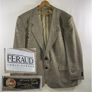 Louis Feraud Wool Silk Blend Glen Plaid Sport Coat Blazer Size 44R Italy Fabric